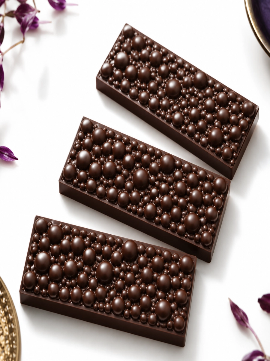 Finished chocolate pieces with custom bubble texture by FORM Dubai